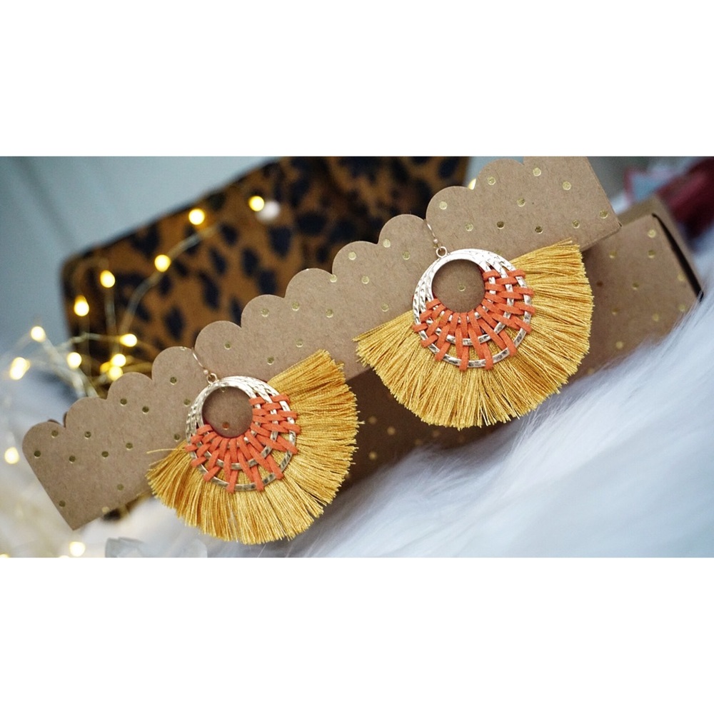 NEW! Mustard Tassel Triple Hoop Earrings - Picture 5 of 8